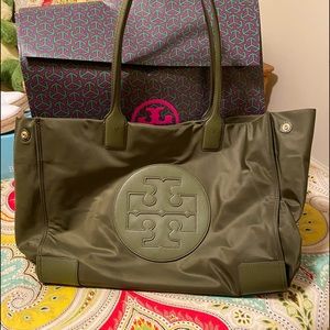 Tory Burch Ella Tote in olive green.